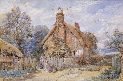 Dzieci przy domku krytym strzechą w Chiddingfold, autorstwa Myles Birket Foster