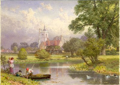 Elstow, Bedfordshire (miejsce urodzenia Johna Bunyana) (bc i wc na karcie) autorstwa Myles Birket Foster