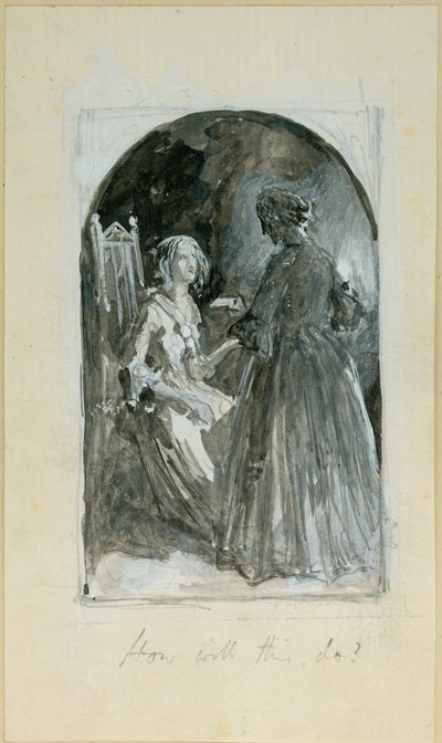 „Emma biorąc kęs z twardej ręki Madelaine” (bc, ołówek i wc na papierze) autorstwa Myles Birket Foster