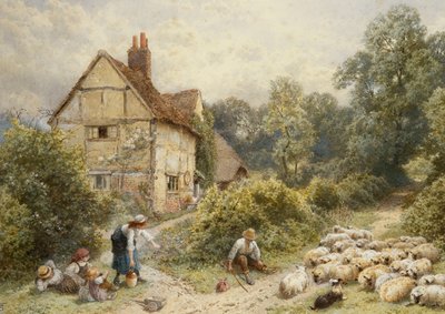 Fowl House Farm, Witley, z dziećmi, pasterzem i stadem owiec w pobliżu, autorstwa Myles Birket Foster