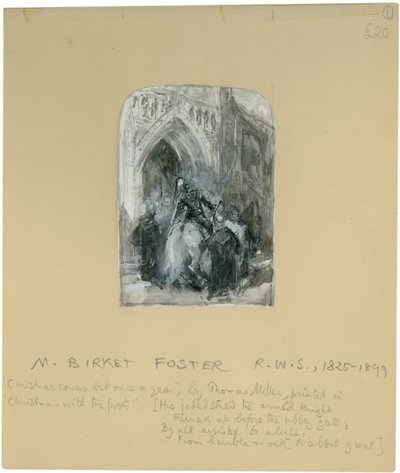 Jego zmęczony rumak, uzbrojony rycerz, wjechał przed bramę opactwa" (bc, ołówek i wc na papierze) autorstwa Myles Birket Foster