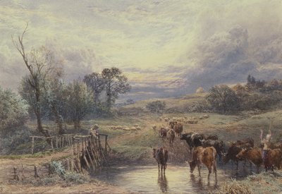 Krajobraz z bydłem i mostem, XIX w. autorstwa Myles Birket Foster
