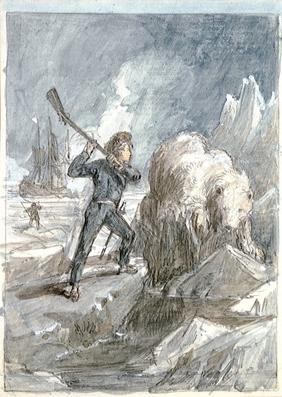 Nelson spotykający niedźwiedzia, ok. 1854 r. (szara farba, podkreślona bielą, akwarela, grafit) autorstwa Myles Birket Foster