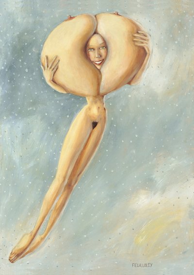 Surrealistyczny obraz przedstawiający unoszącą się w powietrzu nagą postać autorstwa Myriam Feuilloley