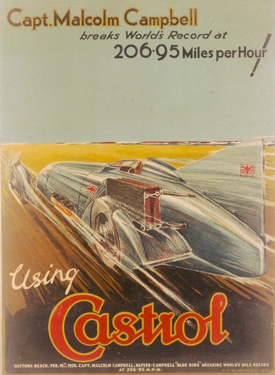 Plakat reklamujący Castrol, przedstawiający Bluebird, 1928 autorstwa NF Humphries