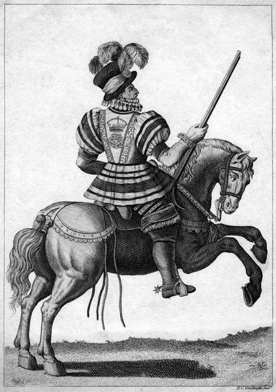 Yeoman z gwardii, który towarzyszy królowej Elżbiecie I w postępach autorstwa N. C. Goodnight