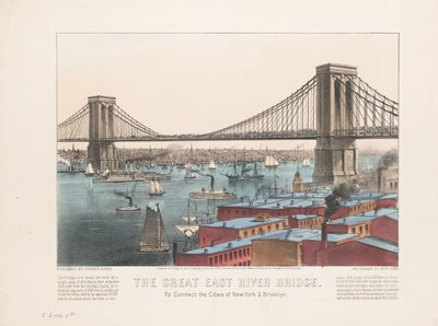 Wielki most East River: łączący miasta Nowy Jork i Brooklyn, ok. 1872 r. autorstwa Nathaniel Currier