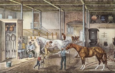 Modelowa stajnia, w której chłopcy i stajenni naprawdę zajmują się końmi, rycina z książki "America" Curriera i Yvesa z 1870 r. autorstwa N. and Ives J.M. (1824 95) Currier