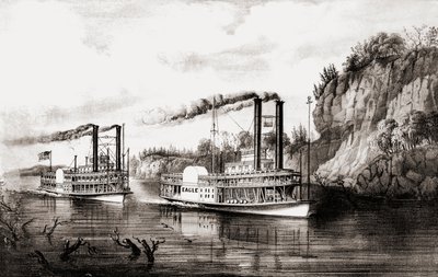 Parowce ścigające się na rzece Missisipi, USA. autorstwa N. and Ives J.M. Currier