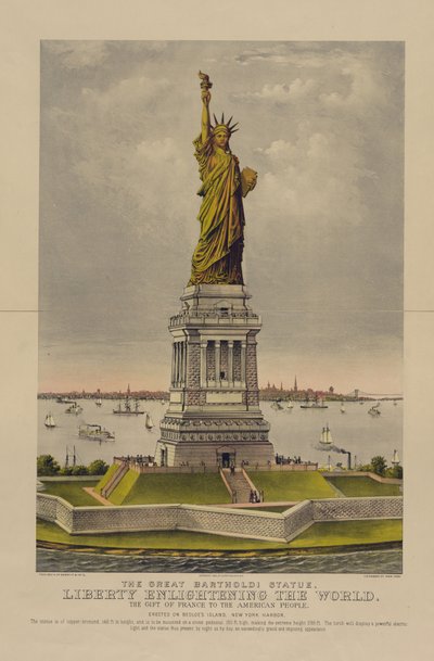 Statua Wielkiego Bartholdiego, Wolność oświecająca świat, Dar Francji dla narodu amerykańskiego, c.1885 (chromolitografia) autorstwa Currier and Ives