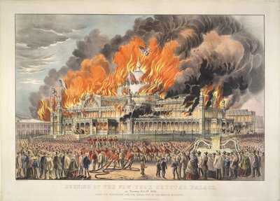 Spalenie nowojorskiego Crystal Palace we wtorek 5 października 1858 r. (litografia kolorowa)   Kolorowa litografia autorstwa Currier and Ives