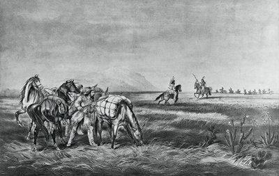 Pokój czy wojna, Spotkanie między Indianami a białymi myśliwymi, wyd. Colin Simkin autorstwa Currier and Ives