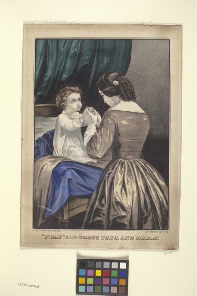 „Módlcie się, aby Bóg błogosławił tatę i mamę” (litografia ręcznie kolorowana) autorstwa N. and Ives J.M. (1824-95) Currier
