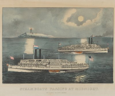 Parowce przepływające o północy na Long Island Sound autorstwa Currier and Ives