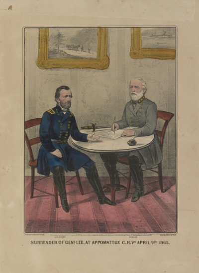Poddanie się Genl. Lee, w Appomattox C.H. Va. 9 kwietnia. 1865 (litografia kolorowa) autorstwa Currier and Ives