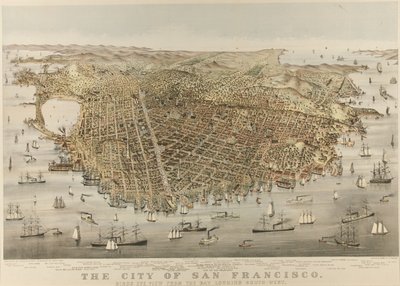 Miasto San Francisco – widok z lotu ptaka z zatoki, patrząc na południowy zachód autorstwa Currier and Ives
