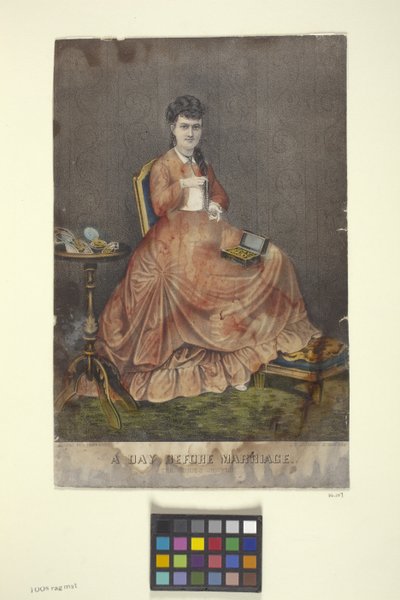 Dzień przed ślubem (litografia ręcznie kolorowana) autorstwa N. and Ives J.M. (1824-95) Currier