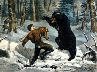 Życie Traperów (Profesjonalni Łowcy) w Kanadzie: Łowca zostaje zaatakowany przez Niedźwiedzia Grizzly. Ilustracja autorstwa Yvesa i Curriera. autorstwa Currier and Ives
