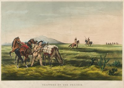 Traperzy na prerii / Pokój czy wojna? 1866 (litografia kolorowa) autorstwa Currier and Ives