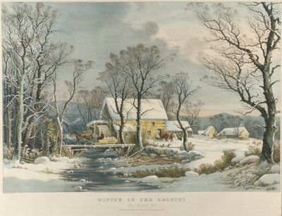 Zima na wsi, stary młyn przemiałowy autorstwa Currier and Ives