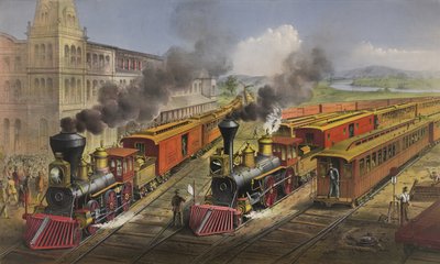 Scena amerykańskiej kolei: błyskawiczne pociągi pospieszne wyjeżdżają ze skrzyżowania, 1874 autorstwa N. and Ives, J.M. Currier