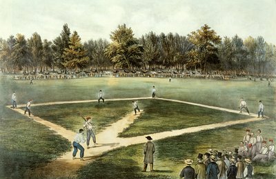 د امریکا د بیسبال ملي لوبه - په ایلیسیان فیلډز، هوبوکن، NJ، 1866 کې لویه لوبه (وګورئ 32902) پولي autorstwa N. and Ives, J.M. Currier