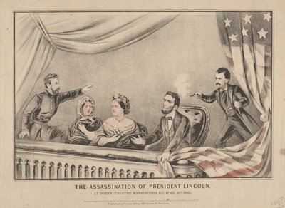Zabójstwo prezydenta Lincolna w teatrze Fords, Waszyngton, 1865 (litografia ręcznie kolorowana) autorstwa N. and Ives, J.M. Currier