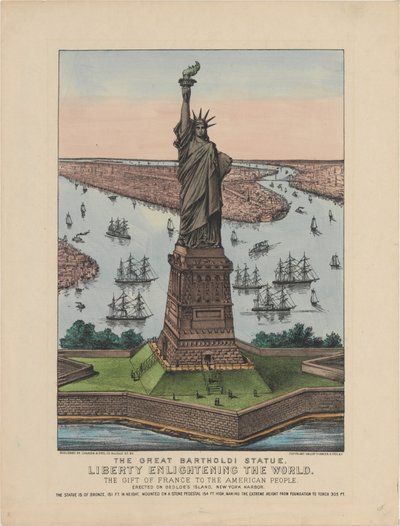 Statua Wielkiego Bartholdiego – Wolność oświecająca świat, 1885 (litografia ręcznie kolorowana) autorstwa N. and Ives, J.M. Currier