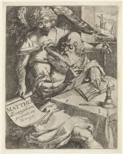 Ewangelista Mateusz Matthei Evangelium otwiera i kłóci się (tytuł na obiekcie) Strona tytułowa dla: S. van Til, Het euangelium des H. Apostles Matthæi (...) otwarta krótkimi notatkami, 1687 autorstwa N. van Til