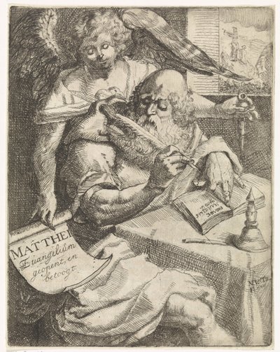 Ewangelista Mateusz Matthei Evangelium otwiera i kłóci się (tytuł na obiekcie) Strona tytułowa dla: S. van Til, Het euangelium des H. Apostles Matthæi (...) otwarta krótkimi notatkami, 1687 autorstwa N. van Til