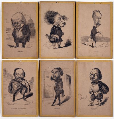 6 Portrety szarży: Pierre Jean de Beranger (1780-1857) francuski autor tekstów piosenek, Alexandre Dumas fils (1824-1895), Louis Adrien Huart (1813-1865) francuski dziennikarz, pisarz i reżyser teatralny, Gerard de Nerval (1808-1855), Francuski pisarz Char autorstwa Nadar