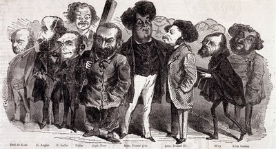 Portrety pisarzy Paula de Kocka (1793-1871), Emile Augier (1820-1889), Eugene Scribe (1791-1861), Felixa Nadara, Alphonse Karra (1808-1890), Alexandre Dumas pere (1802-1870) i Alexandre Dumas Jr. (1824-1895), Joseph Mery (1798-1866) i Leon Gozan (1803-1 autorstwa Nadar