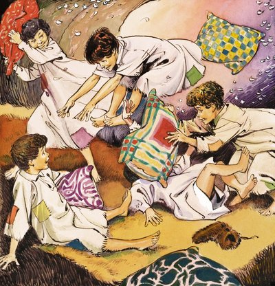 Walka na poduszki, ilustracja z "Piotrusia Pana" J.M. Barrie (gwasz na papierze) autorstwa Nadir Quinto