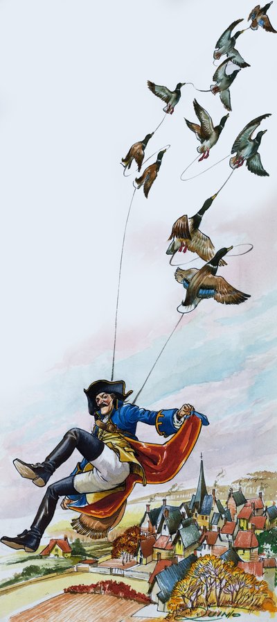 Baron Munchausen porwany przez kaczki (gwasz na papierze) autorstwa Nadir Quinto