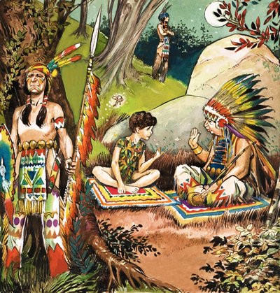 Piotruś Pan rozmawia z wodzem, ilustracja z "Piotrusia Pana" J.M. Barrie (gwasz na papierze) autorstwa Nadir Quinto