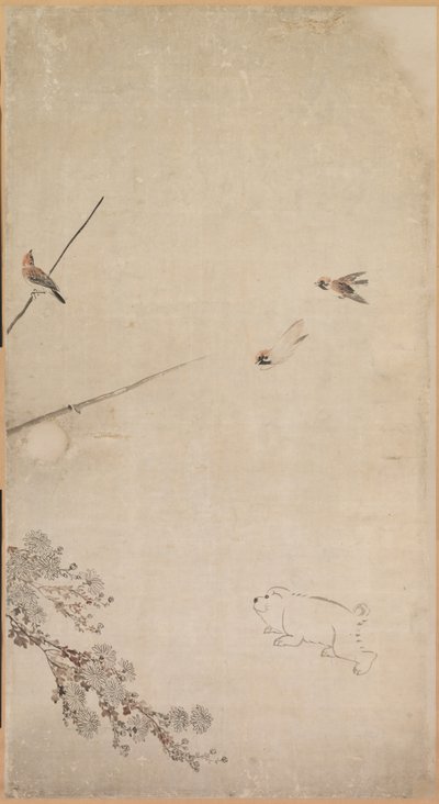 Szczenięta, Wróble i Chryzantemy, 1754-1799. autorstwa Nagasawa Rosetsu