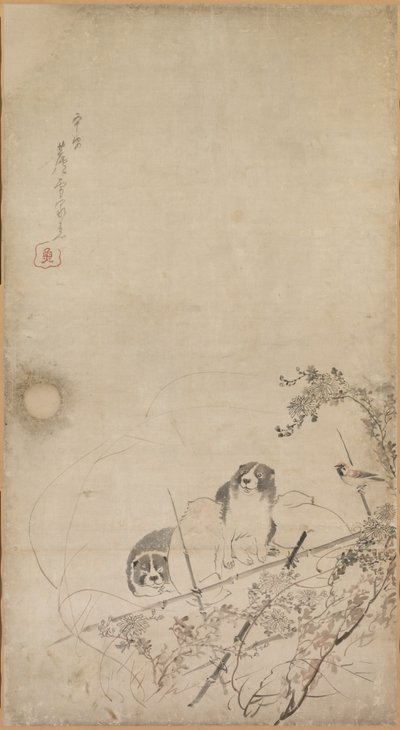 Szczenięta, Wróble i Chryzantemy, 1754-1799. autorstwa Nagasawa Rosetsu