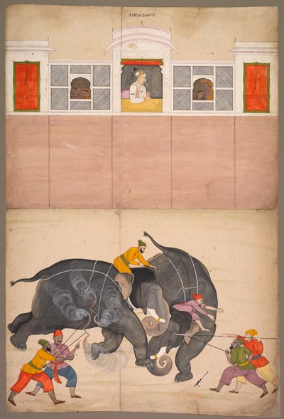 Dwa słonie walczące na dziedzińcu przed Muhammadem Shah 1730-40. autorstwa Nainsukh