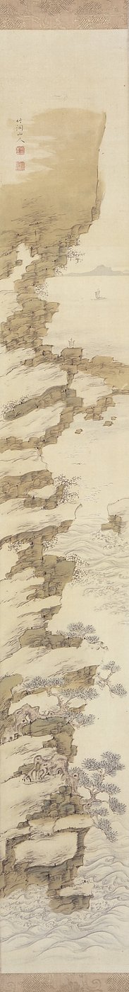 Paisagem de penhasco com barcos (tinta e cor sobre seda) polonês autorstwa Nakabayashi Chikkei