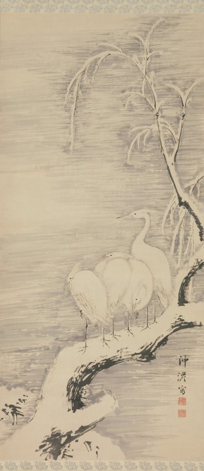 Czaple na śniegu, ca. 1840. autorstwa Nakabayashi Chikuto