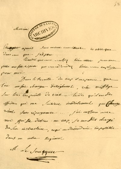 List Napoleona do Le Saucquera, urzędnika wojennego, 3 czerwca 1791, 1921. autorstwa Napoleon Bonaparte I