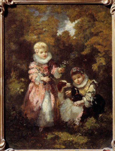 Dzieci i psy Obraz Narcyza Diaz de la Pena (1807-1876) (ec. de Barbizon) Ndz. 0,32x0,24 m² autorstwa Narcisse Virgile Diaz de la Peña