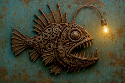 Lampa w stylu steampunkowym z motywem żabnicy autorstwa Natalie Bruns