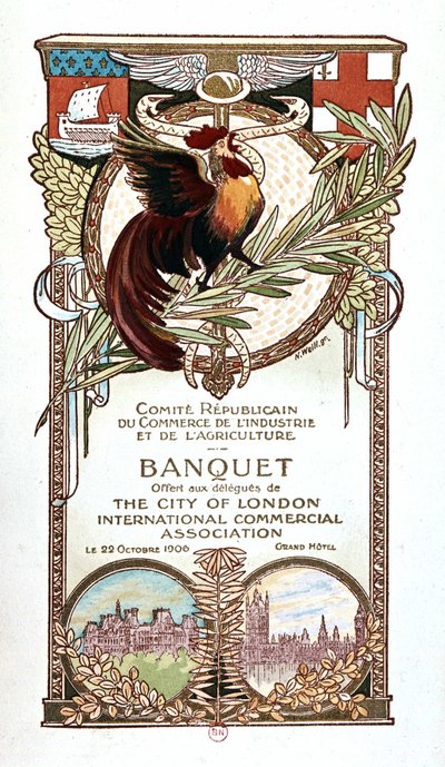 Kogut i pomniki, menu bankietowe Republikańskiej Komisji ds. Handlu, Przemysłu i Rolnictwa ofiarowane 22.11.1906 delegatom międzynarodowego stowarzyszenia handlowego City of London autorstwa Nathan Weill