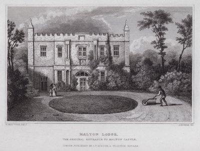 Malton Lodge, oryginalne wejście do zamku Malton (grawerowanie) autorstwa Nathaniel (after) Whittock
