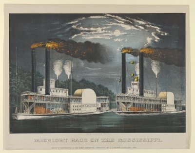 Wyścig o północy na Missisipi, 1875., 1875. Twórcy: Nathaniel Currier, James Merritt Ives, Currier i Ives. autorstwa Currier and Ives