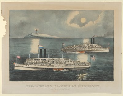 Parowce przechodzące o północy - On Long Island Sound, 1872-74., 1872-74. Twórcy: Nathaniel Currier, James Merritt Ives, Currier i Ives. autorstwa Currier and Ives