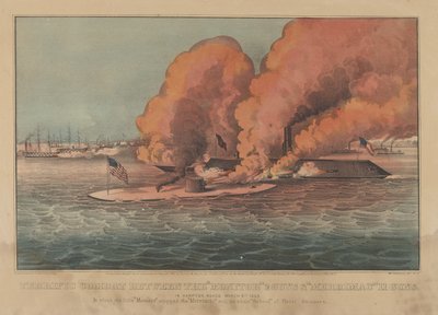 Wspaniała walka między pistoletami Monitor 2 i pistoletami Merrimac 11 – w Hampton Roads marzec..., 1862. Twórcy: Nathaniel Currier, James Merritt Ives, Currier i Ives. autorstwa Currier and Ives