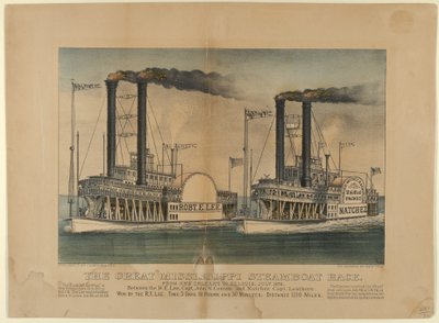 Wielki wyścig parowców Mississippi – z Nowego Orleanu do St. Louis, lipiec 1870 – między t..., 1872-74. Twórcy: Nathaniel Currier, James Merritt Ives, Currier i Ives. autorstwa Currier and Ives