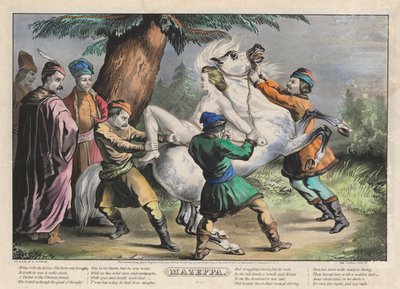 Mazeppa: Talerz 1 z zestawu czterech (4) talerzy (przywiązany do konia) autorstwa Nathaniel Currier